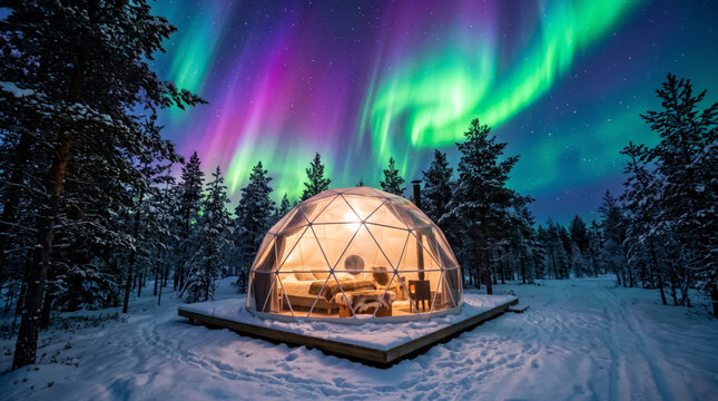 Luxury Glamping Dome Under Vibrant Aurora Borealis Northern Lights 8K