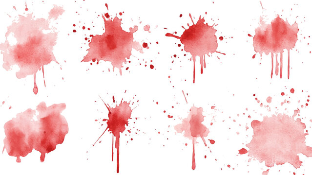 Collection of abstract red watercolor paint splashes and blood drop stains isolated on white background vector illustration.
