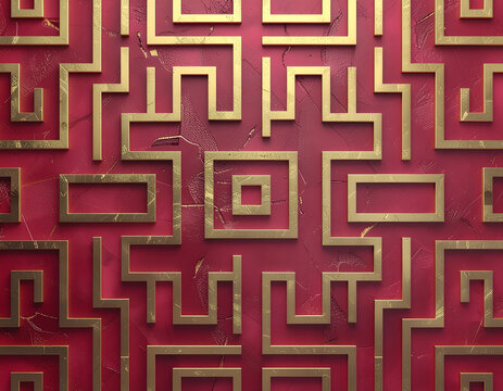 Premium Greek Key maze pattern with thick gold graphic on rich ruby red