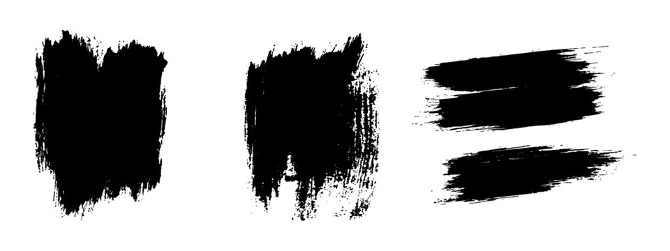 Thick black grunge paint swatches and textured dry brush strokes set for creative templates vector illustration.