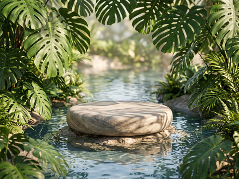 3D Natural Stone Podium Mockup with Green Tropical Leaves 8K