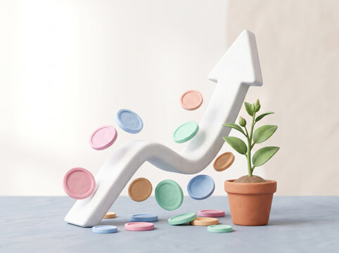 3D Render of Business Growth Chart Arrow with Pastel Coins 8K