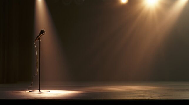 microphone standing at concert stage with spotlights, dark background with golden light beams, large space for text and event information, premium entertainment poster