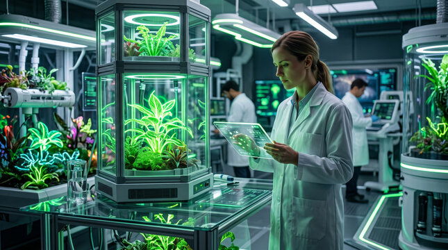 Scientist Analyzing Plant with Transparent Tablet in High Tech Lab 8K