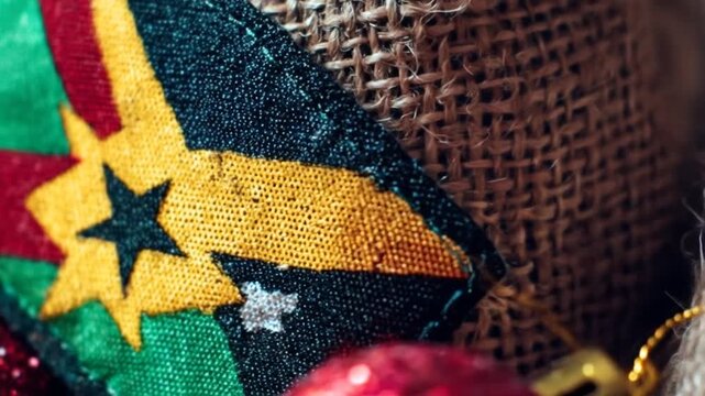 Close-up of a colorful textile with a star emblem, set against a burlap textured background