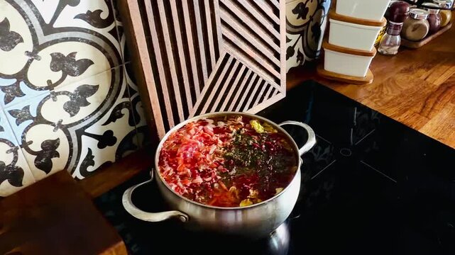 borscht soup with organic beetroot and fresh dill inside rich kitchen. Hot delicious national dish stewing on glass stove counter. Luxury gastronomy lifestyle concept.