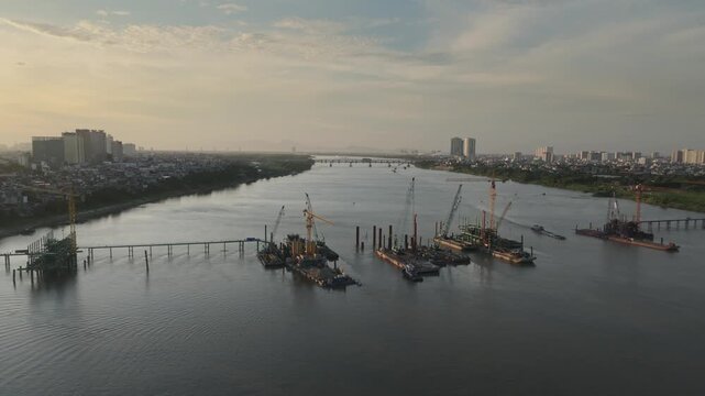 Aerial view of Tran Hung Dao Bridge construction, Red River Hanoi
