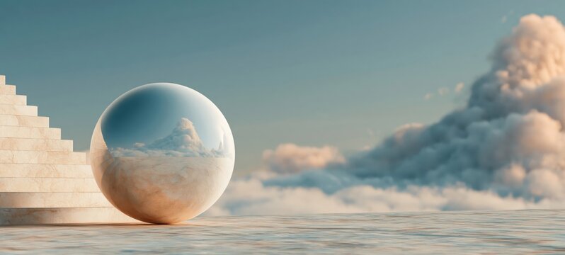 Transparent Reflective Glass Sphere Beside Monumental Staircase Ascending into the Clouds, Luxury Minimal Conceptual Landscape Symbolizing Ambition, Achievement and Infinite Possibilities