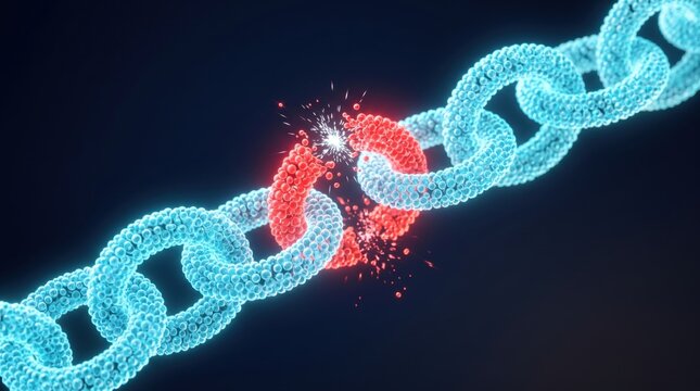 3D render cyan DNA double helix breaking with red particle burst