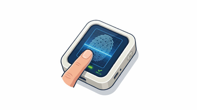 Close up of a finger pressing a futuristic touch screen authentication device.