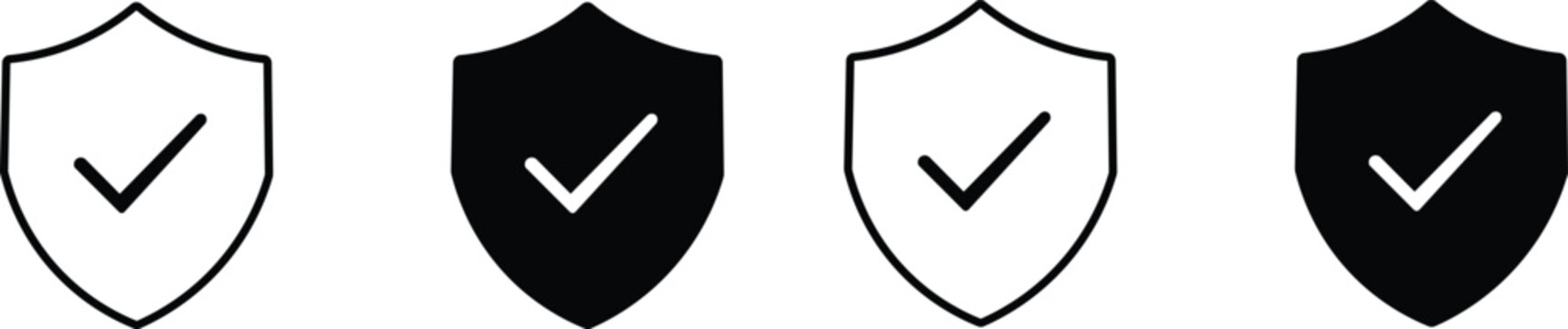 Shield icons with checkmarks in white and black  security and protection symbols