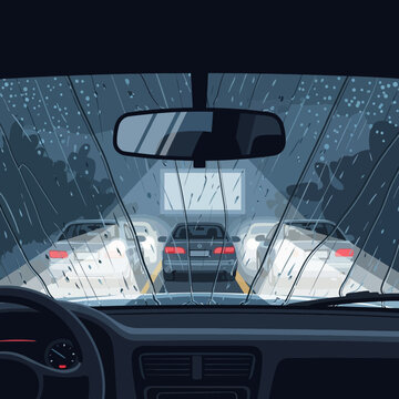 Driving through a rainy night with wind