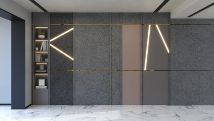 Fototapeta premium Minimalist interior room featuring a dark grey stone backdrop wall decorated with glowing LED light strips, gold steel lines, built-in display shelves, and white marble floor.