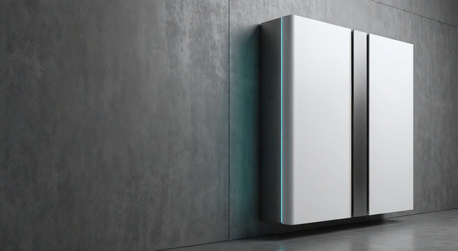 High-end commercial rendering of a minimalist smart home energy storage system mounted on a dark concrete wall, featuring sleek industrial design and large negative space for corporate B2B marketing.
