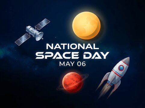 Celebrate national space day may sixth with colorful rockets planets and satellite illustration
