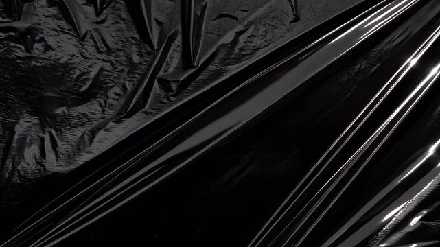 Abstract dark background featuring reflective plastic foil texture with dramatic light streaks.