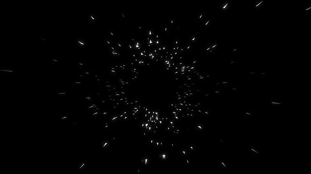 Dynamic circular tripolygon particle rays explosion animation, bright white energy streaks radiating through space, futuristic wormhole visualization background with smooth hypnotic motion in 4k