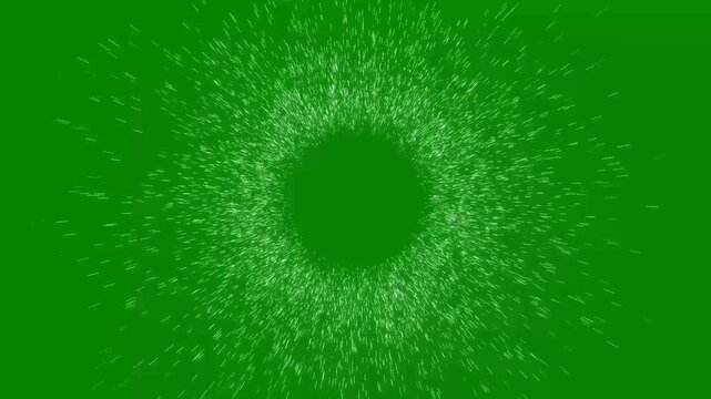 Abstract glowing circle rays animation with white spark particles exploding from a green vortex, cosmic wormhole tunnel visualization, cinematic hyperspace line background for motion graphics in 4k