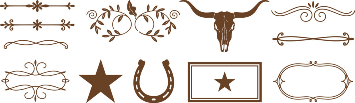 Western style vintage decorative borders dividers frames and symbols collection for rustic graphic design with horseshoe ornament decorative collection