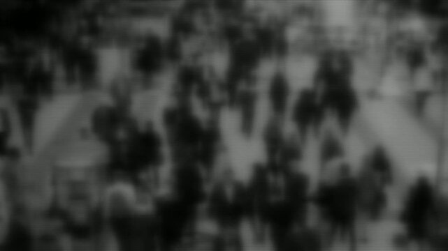 strange eerie blurred crowd of people in slow motion seen on vintage analog tv