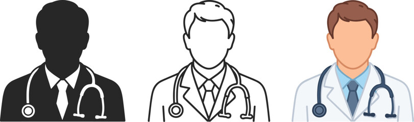Fototapeta premium Set of three doctor character avatars including silhouette line art colored flat icon with stethoscope physician stethoscope healthcare medicine