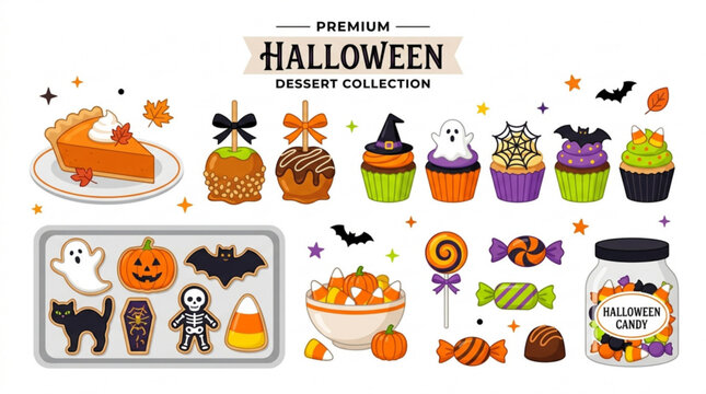 Flat vector set of Halloween themed desserts including cupcakes cookies and candy elements