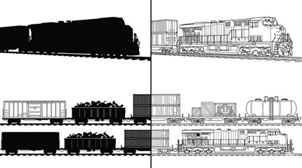 Train Cargo Logistics Set with Black Locomotive and Various Freight Wagons for Transportation © MD