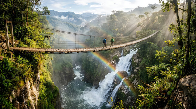 Two people crossing suspension bridge over a waterfall in lush jungle scenery