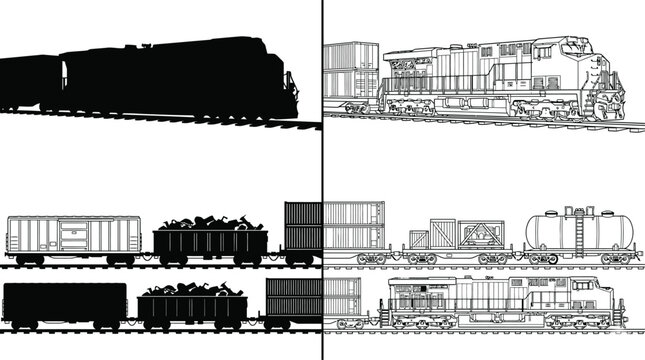 Train Cargo Logistics Set with Black Locomotive and Various Freight Wagons for Transportation