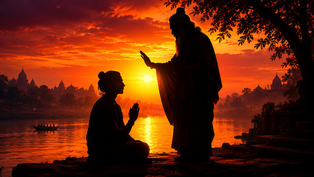 Guru blessing disciple at river sunset for guru purnima and hindu relegious festival showing devotion respect and sacred tradition