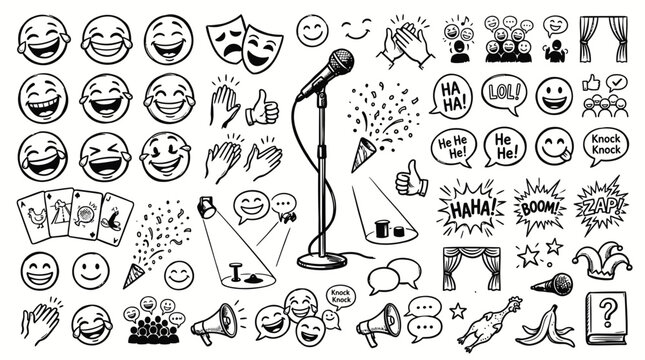 Comedy Show Elements: Stand-up Mic, Laughing Faces, Audience, Stage, Props - Doodle Art