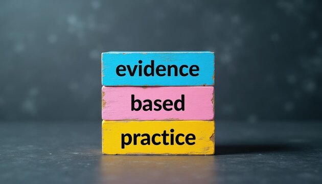 Three colorful wooden blocks stacked vertically spell out evidence based practice. This concept relates to scientific research and healthcare decisions.