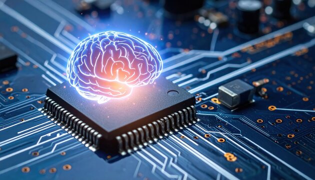 Artificial intelligence and human collaboration concept, brain and AI chip connected by glowing line, future of work theme