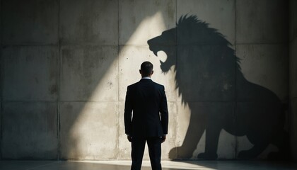 Obraz premium Man in suit faces lion shadow on concrete wall. Represents inner strength courage ambition. Shows potential power and leadership qualities. A bold professional confronts his wild side.