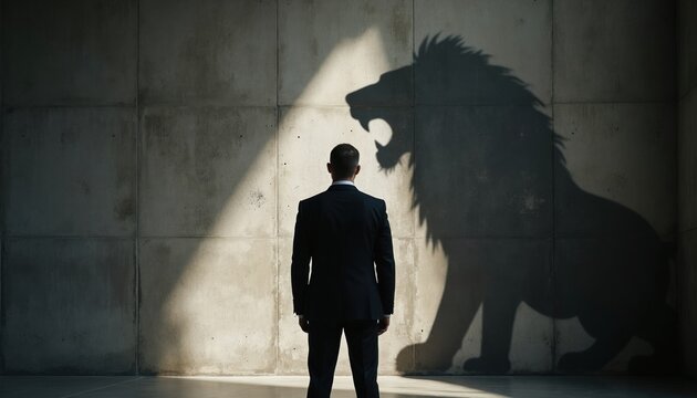 Man in suit faces lion shadow on concrete wall. Represents inner strength courage ambition. Shows potential power and leadership qualities. A bold professional confronts his wild side.