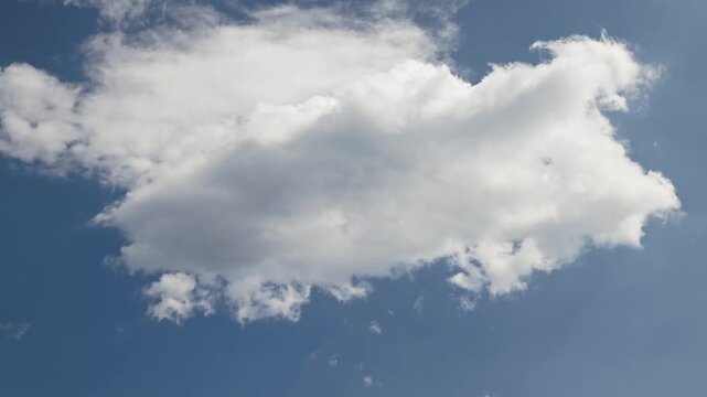 Cinematic time-lapse of a large white cumulus cloud forming out of thin air, growing and changing shape in place against a vibrant clear blue sky background.