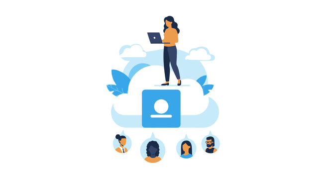 Cloud Computing and User Management Concept Illustration - Woman Working on Laptop with Diverse Team Avatars for Business Networking, SaaS, and Digital Communication