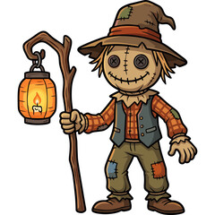 Fototapeta premium A smiling scarecrow holds a lantern and stick in a field at night.