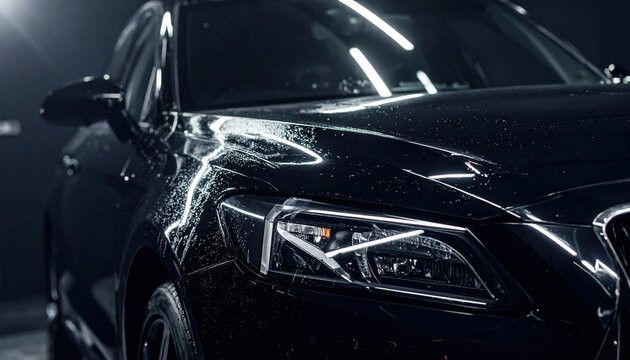 professional ceramic coating application on luxury vehicle, showroom quality reflections, dark studio lighting