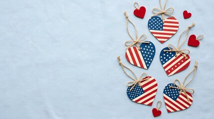 Obraz premium Patriotic heart ornaments on light blue background for independence day decor