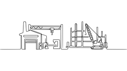 Obraz premium Continuous line drawing of factory and construction site with crane