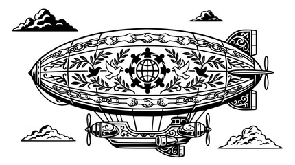 Vintage Airship with Global Peace Symbols, Clouds and Chain Border © Akun