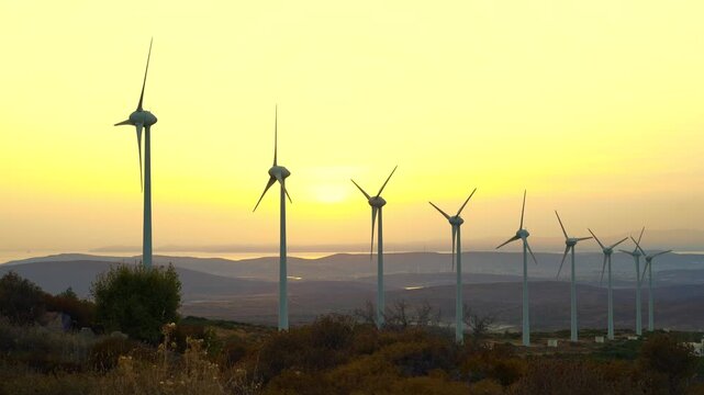 A row of wind turbines stands on a hillside as the sun sets behind them, generating clean energy. The turbines' white blades rotate in the breeze, surrounded by sparse vegetation.