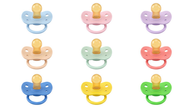 Colorful baby pacifier collection on white background, set of 9 plastic dummy soothers in pastel colors, infant silicone nipple teether assortment