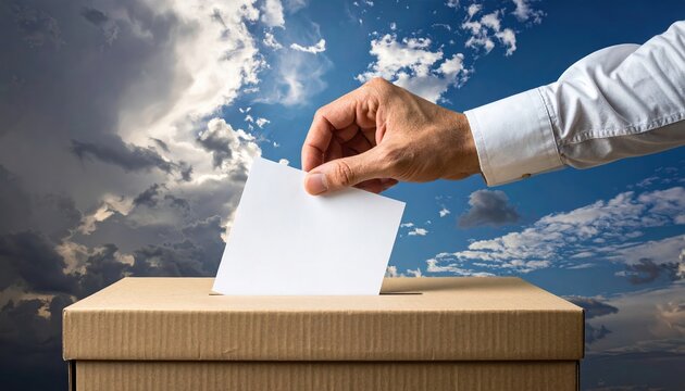 democratic voting concept with ballot box and voter hand