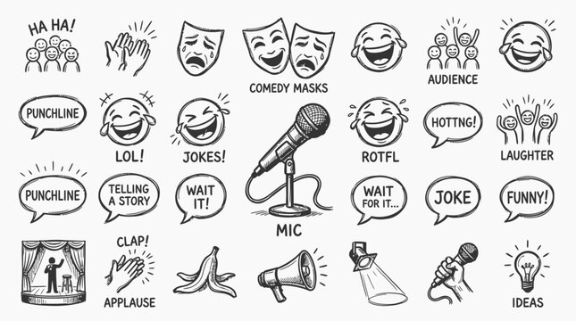 Comedy Icons: Laughter, Jokes, Stand-up Mic, Audience, Masks, Applause, Ideas
