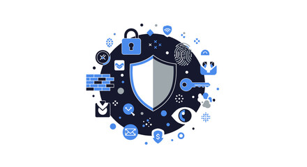 Naklejka premium Cybersecurity and Data Protection Concept Flat Illustration with Shield, Padlock, Fingerprint, and Network Security Icons on White Background