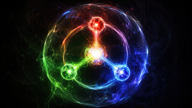 Glowing atomic sphere with red green blue orbiting particle, color force field connection on dark background, luminous plasma energy cosmic science concept