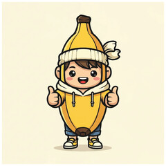 Naklejka premium Cartoon child dressed as banana character.