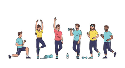 Fototapeta premium Group of people performing varied exercise poses in a fitness routine illustration.